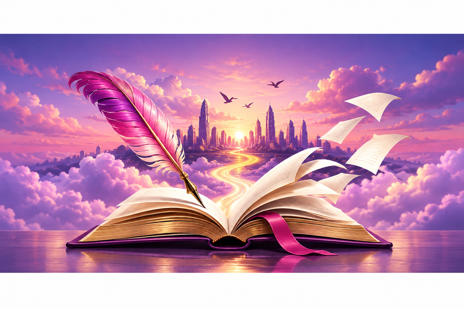 Illustrated open book with a feather quill over a dreamy cityscape